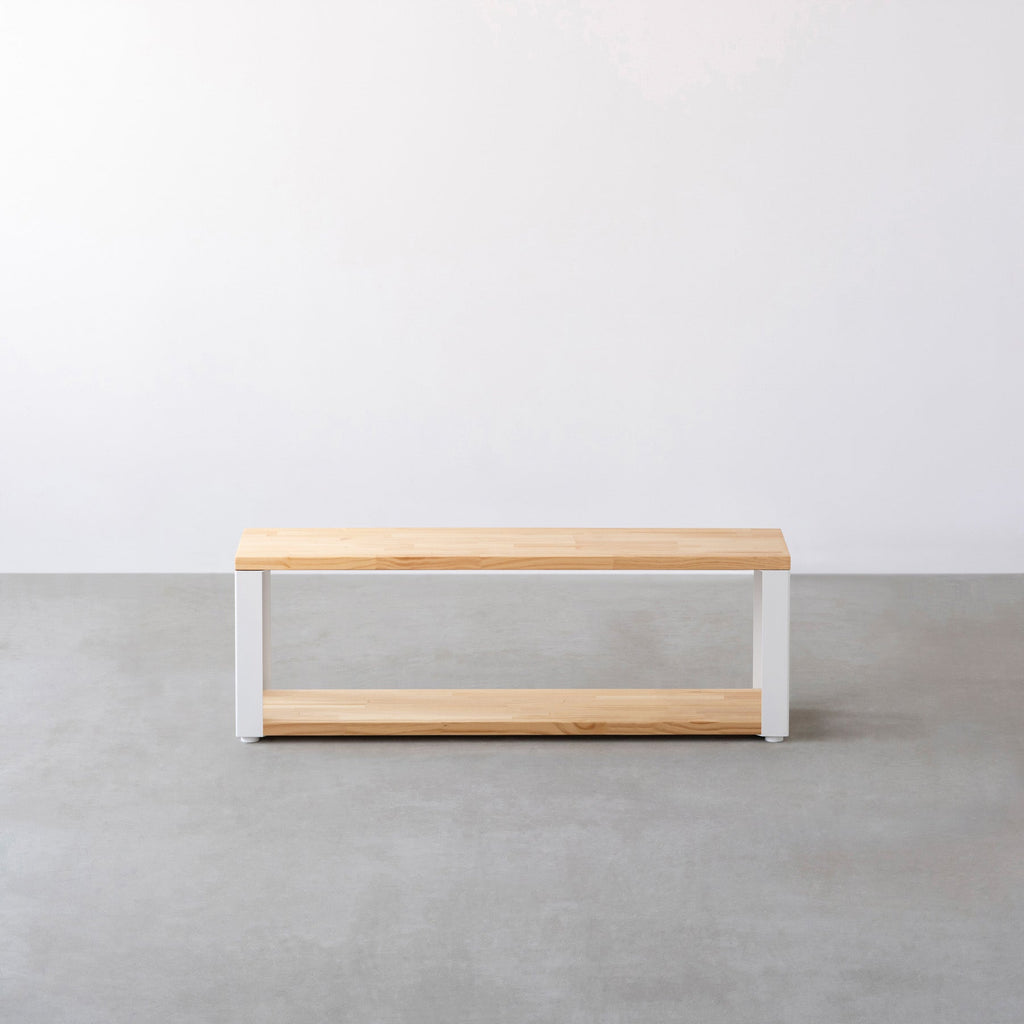 Kanademonoのパインの棚板とホワイトの鉄脚の２段ストレージシェルフS（正面）