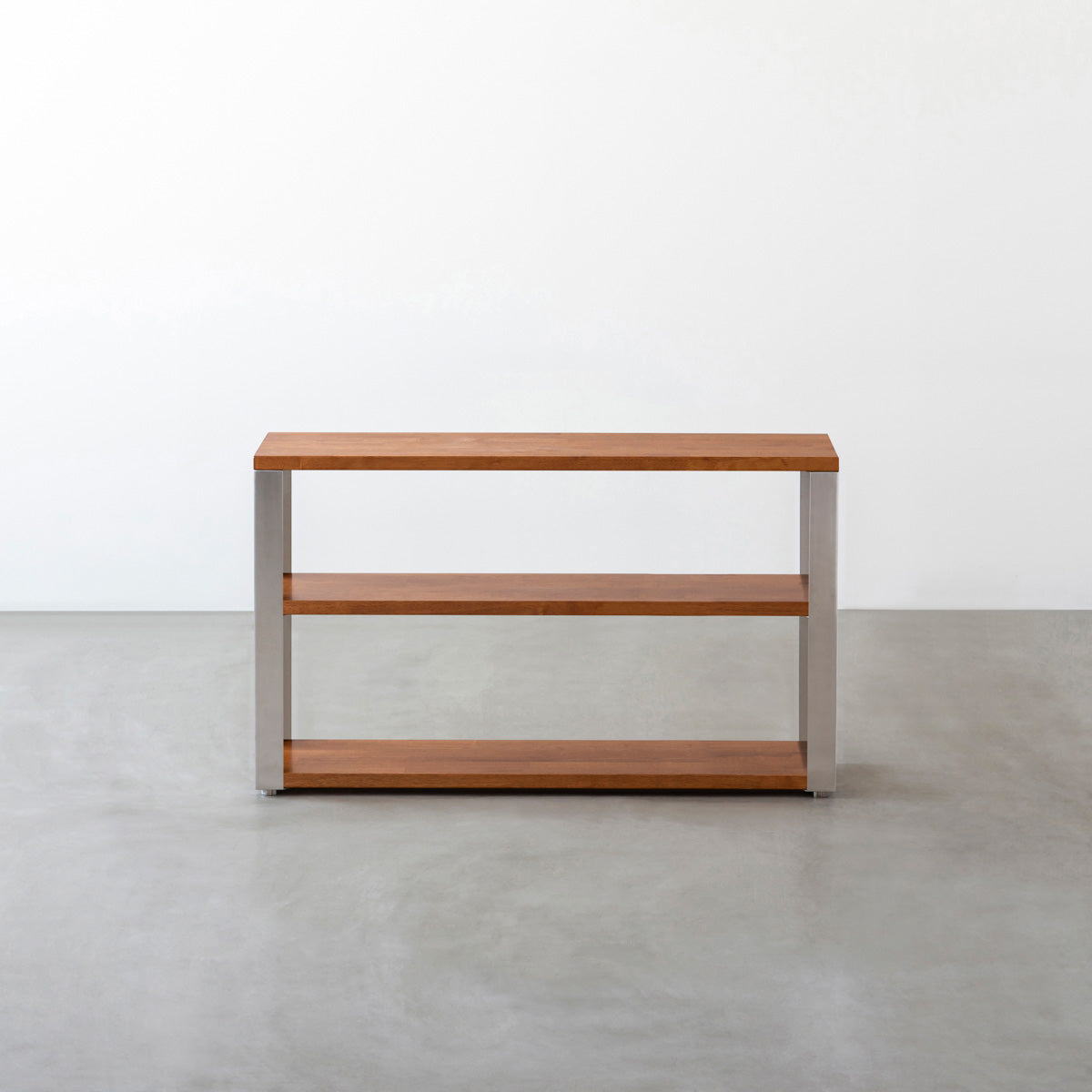 KANADEMONOのラバーウッドブラウンの棚板とステンレス脚のストレージシェルフS(正面)