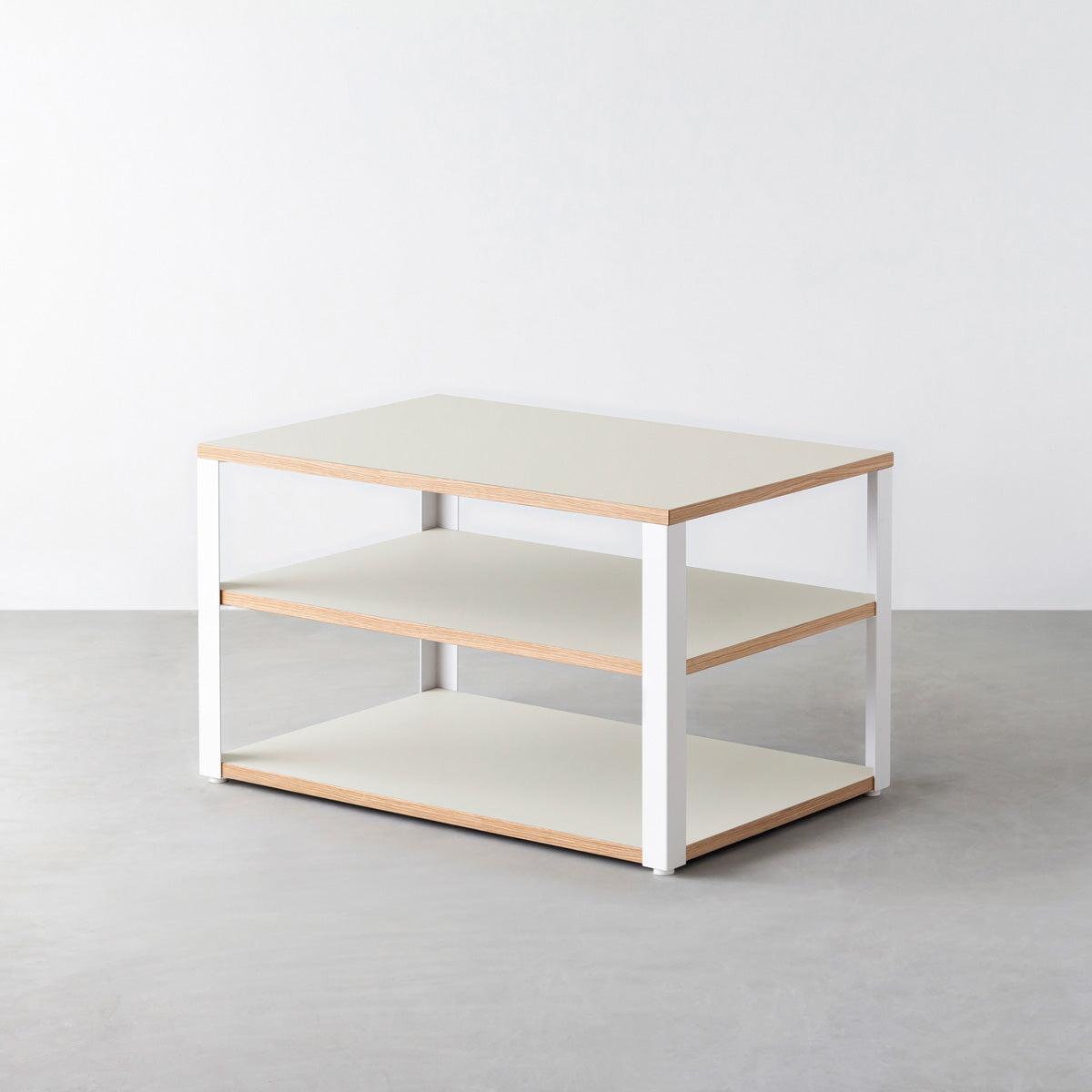 KanademonoのリノリウムMushroom棚板とマットホワイト鉄脚のストレージシェルフ幅60~120cm（奥行30~40cm）