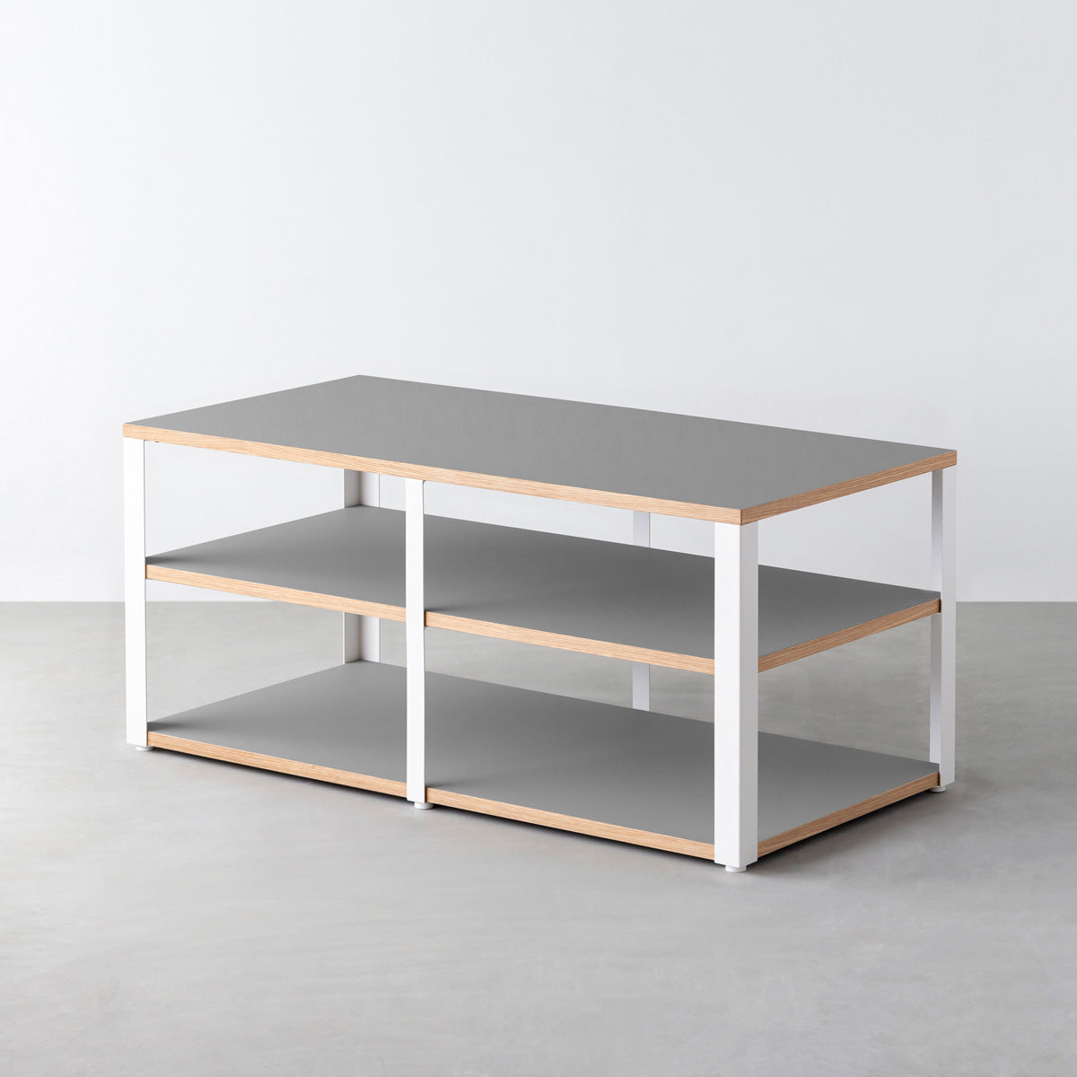 KanademonoのリノリウムAsh棚板とマットホワイト鉄脚のストレージシェルフ幅121~160cm（奥行41~80cm）