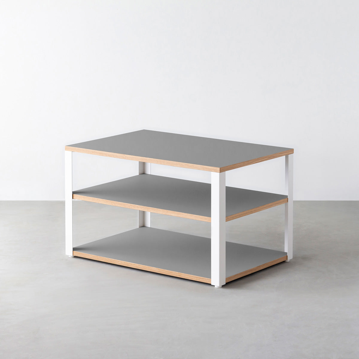 KanademonoのリノリウムAsh棚板とマットホワイト鉄脚のストレージシェルフ幅60~120cm（奥行30~40cm）