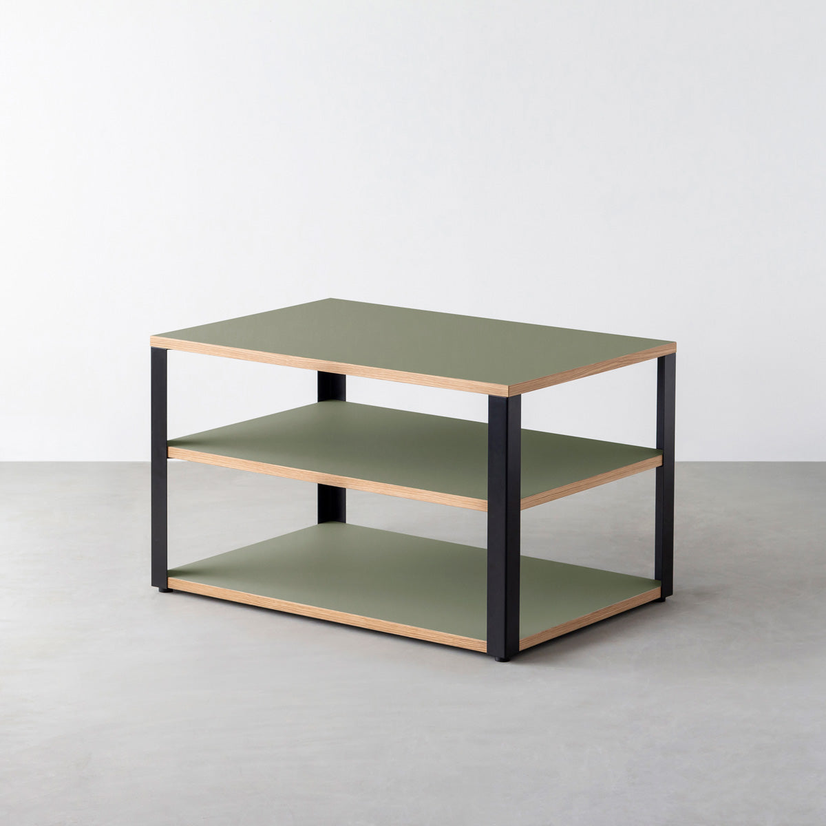 KanademonoのリノリウムOlive棚板とマットブラック鉄脚のストレージシェルフ幅60~120cm（奥行30~40cm）