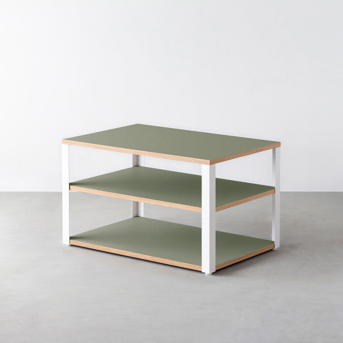 KanademonoのリノリウムOlive棚板とマットホワイト鉄脚のストレージシェルフ幅60~120cm（奥行30~40cm）