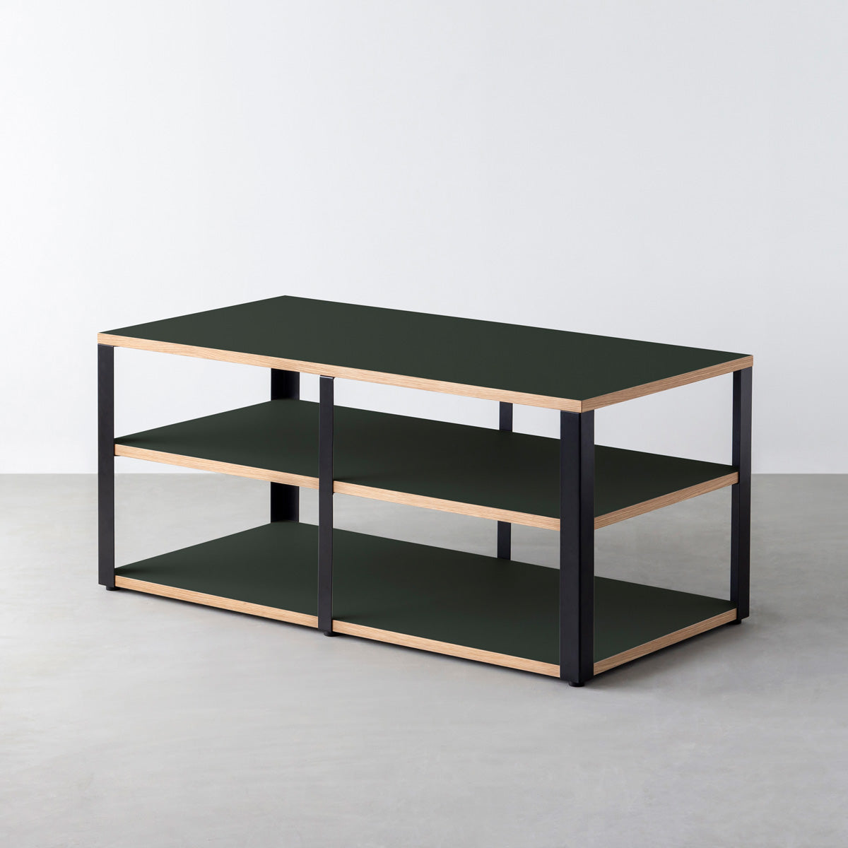 KanademonoのリノリウムConifer棚板とマットブラック鉄脚のストレージシェルフ幅121~160cm（奥行41~80cm）