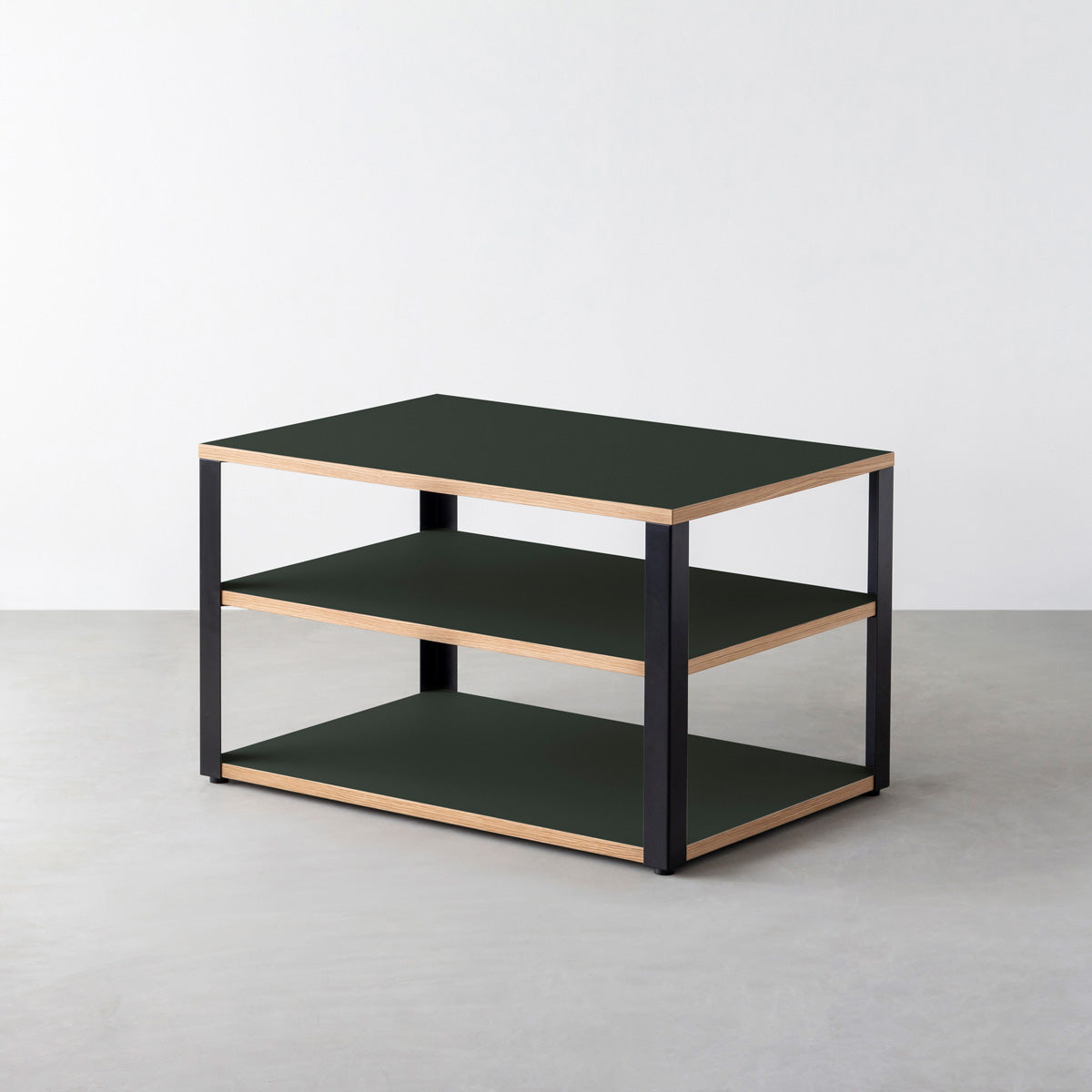 KanademonoのリノリウムConifer棚板とマットブラック鉄脚のストレージシェルフ幅60~120cm（奥行30~40cm）