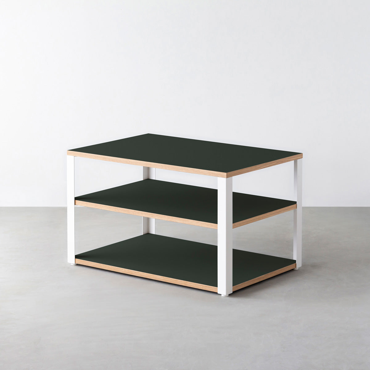 KanademonoのリノリウムConifer棚板とマットホワイト鉄脚のストレージシェルフ幅60~120cm（奥行30~40cm）