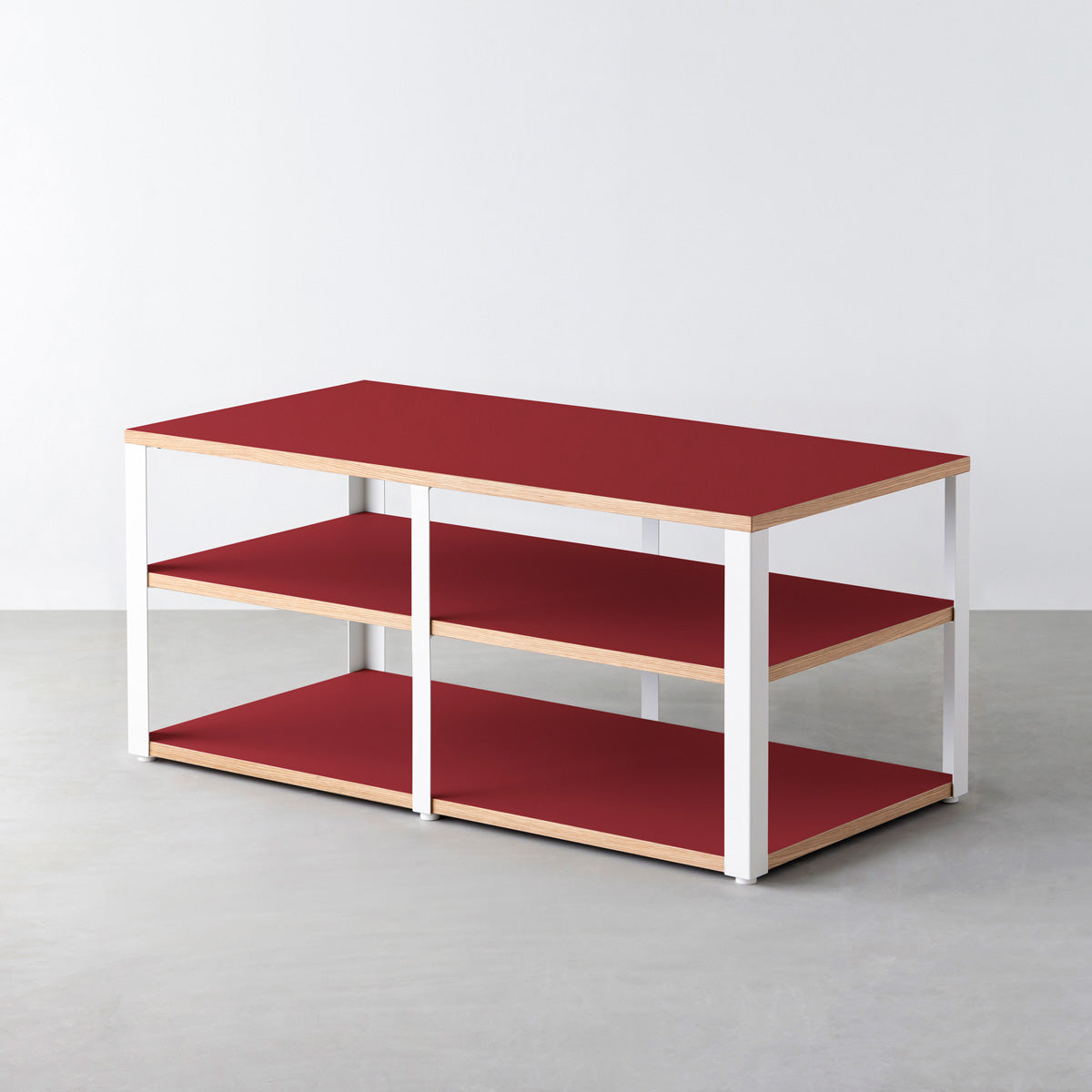 KanademonoのリノリウムSalsa棚板とマットホワイト鉄脚のストレージシェルフ幅121~160cm（奥行41~80cm）