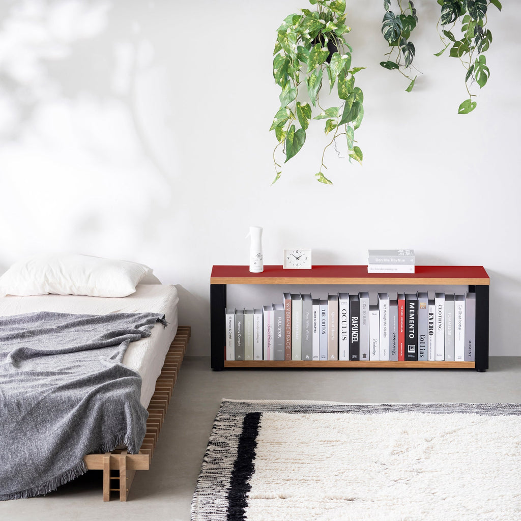 Kanademonoのリノリウム素材の棚板にブラックアイアンフレームを組み合わせた２段ストレージシェルフ /Salsa（使用例）