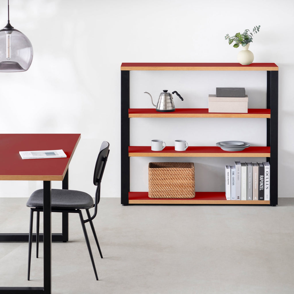 Kanademonoのリノリウム素材の棚板にブラックアイアンフレームを組み合わせた４段ストレージシェルフ /Salsa（使用例）