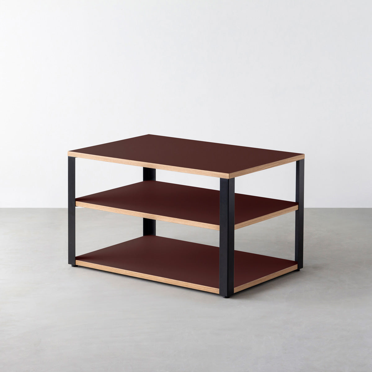 KanademonoのリノリウムBurgundy棚板とマットブラック鉄脚のストレージシェルフ幅60~120cm（奥行30~40cm）