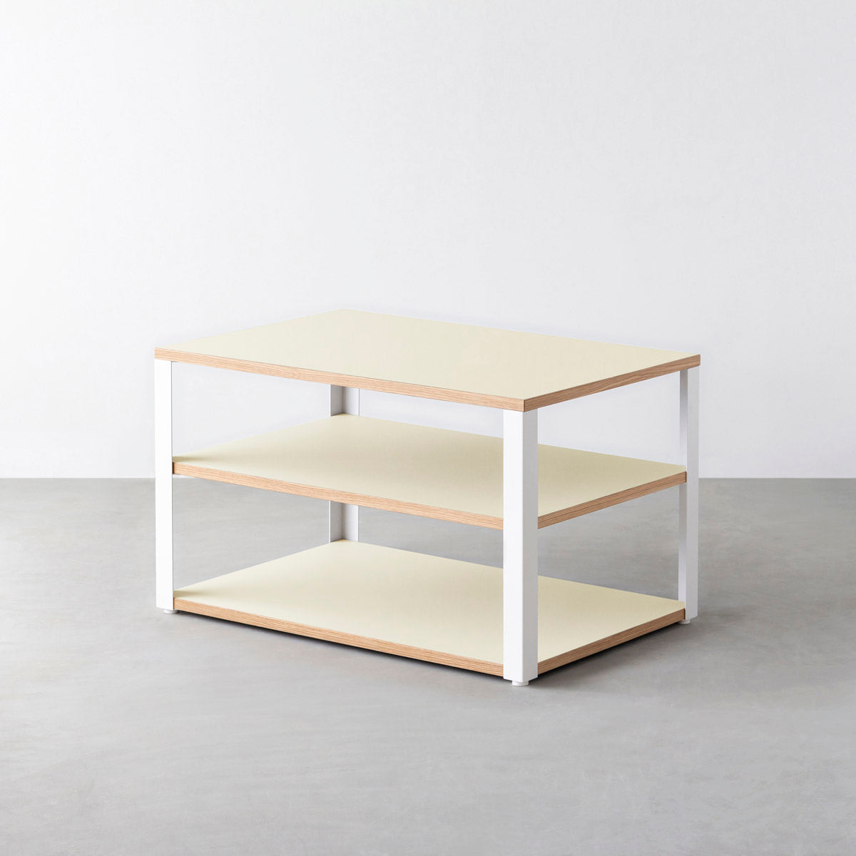 KanademonoのリノリウムPearl棚板とマットホワイト鉄脚のストレージシェルフ幅60~120cm（奥行30~40cm）