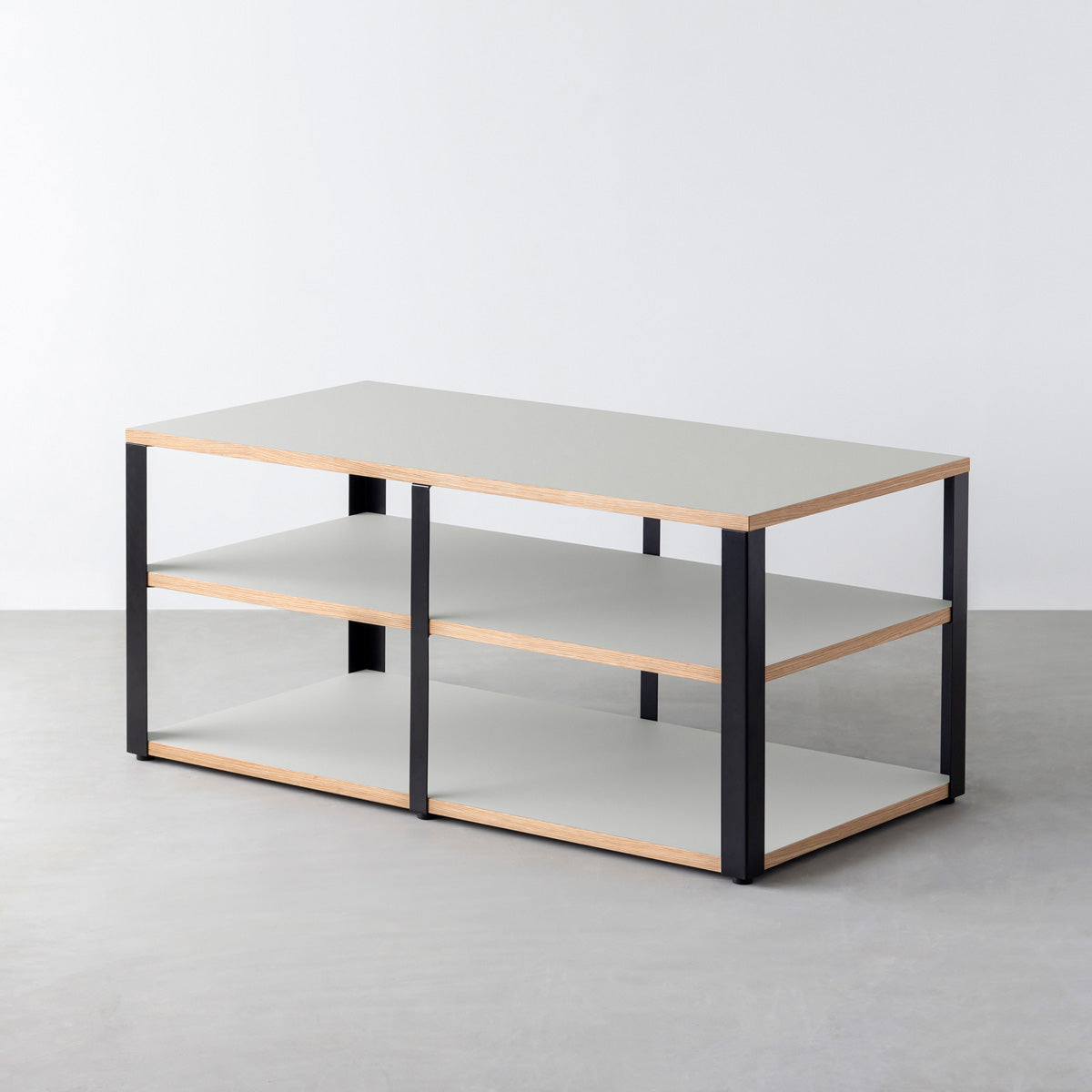 KanademonoのリノリウムVapour棚板とマットブラック鉄脚のストレージシェルフ幅121~160cm（奥行41~80cm）