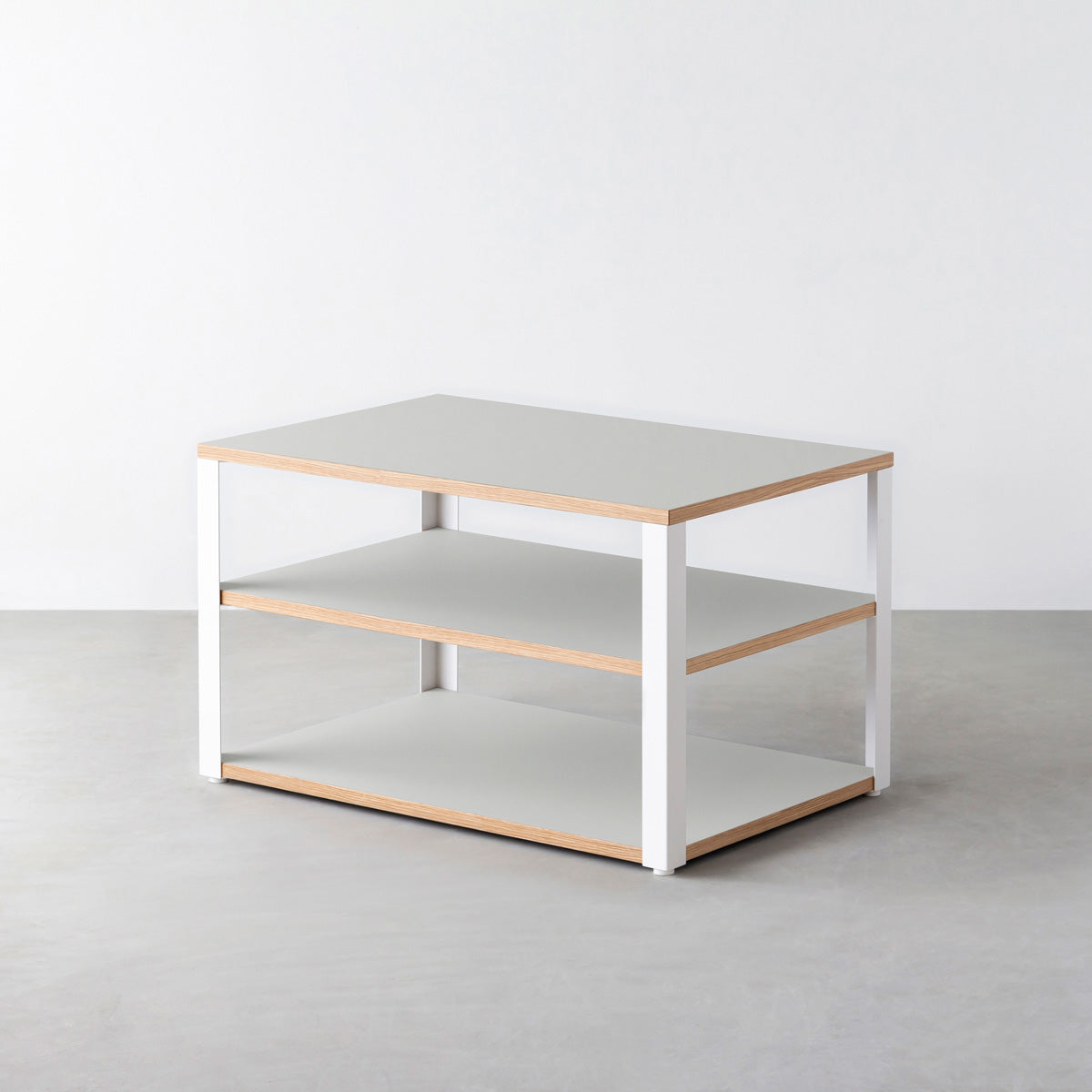 KanademonoのリノリウムVapour棚板とマットホワイト鉄脚のストレージシェルフ幅60~120cm（奥行30~40cm）