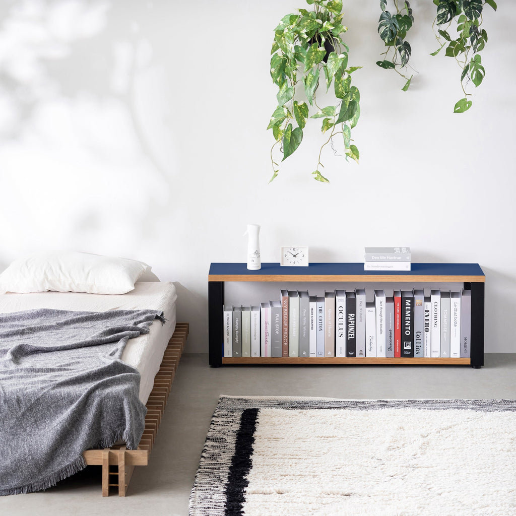 Kanademonoのリノリウム素材の棚板にブラックアイアンフレームを組み合わせた２段ストレージシェルフ /Midnight_blue（使用例）