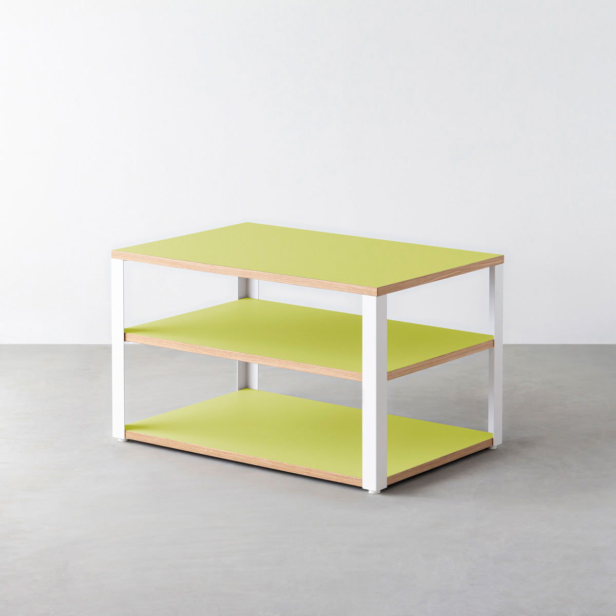 KanademonoのリノリウムSpring_green棚板とマットホワイト鉄脚のストレージシェルフ幅60~120cm（奥行30~40cm）