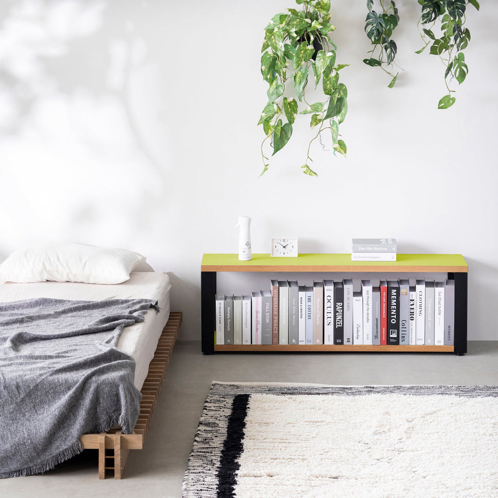 Kanademonoのリノリウム素材の棚板にブラックアイアンフレームを組み合わせた２段ストレージシェルフ /Spring_green（使用例）