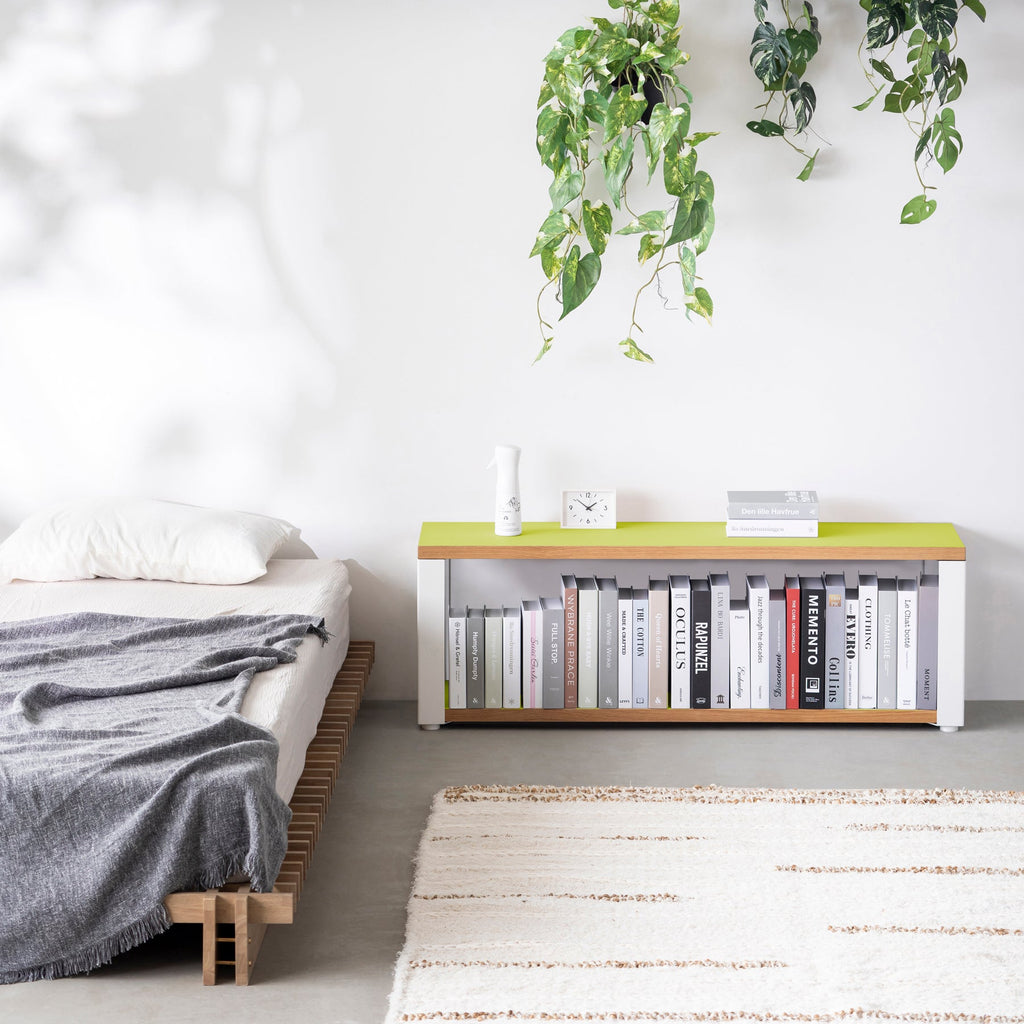 Kanademonoのリノリウム素材の棚板にホワイトのアイアンフレームを組み合わせた２段ストレージシェルフ /Spring_green（使用例）