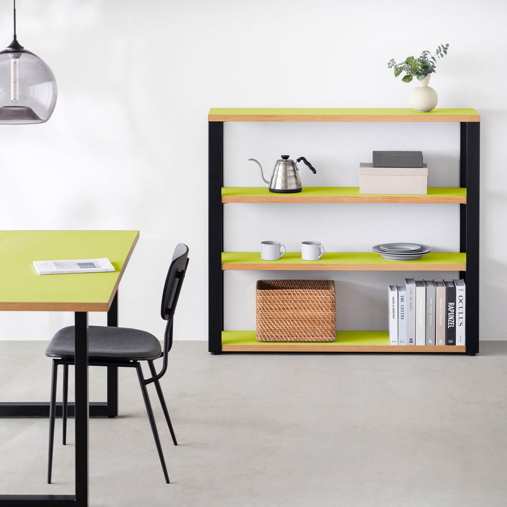 Kanademonoのリノリウム素材の棚板にブラックアイアンフレームを組み合わせた４段ストレージシェルフ /Spring_green（使用例）