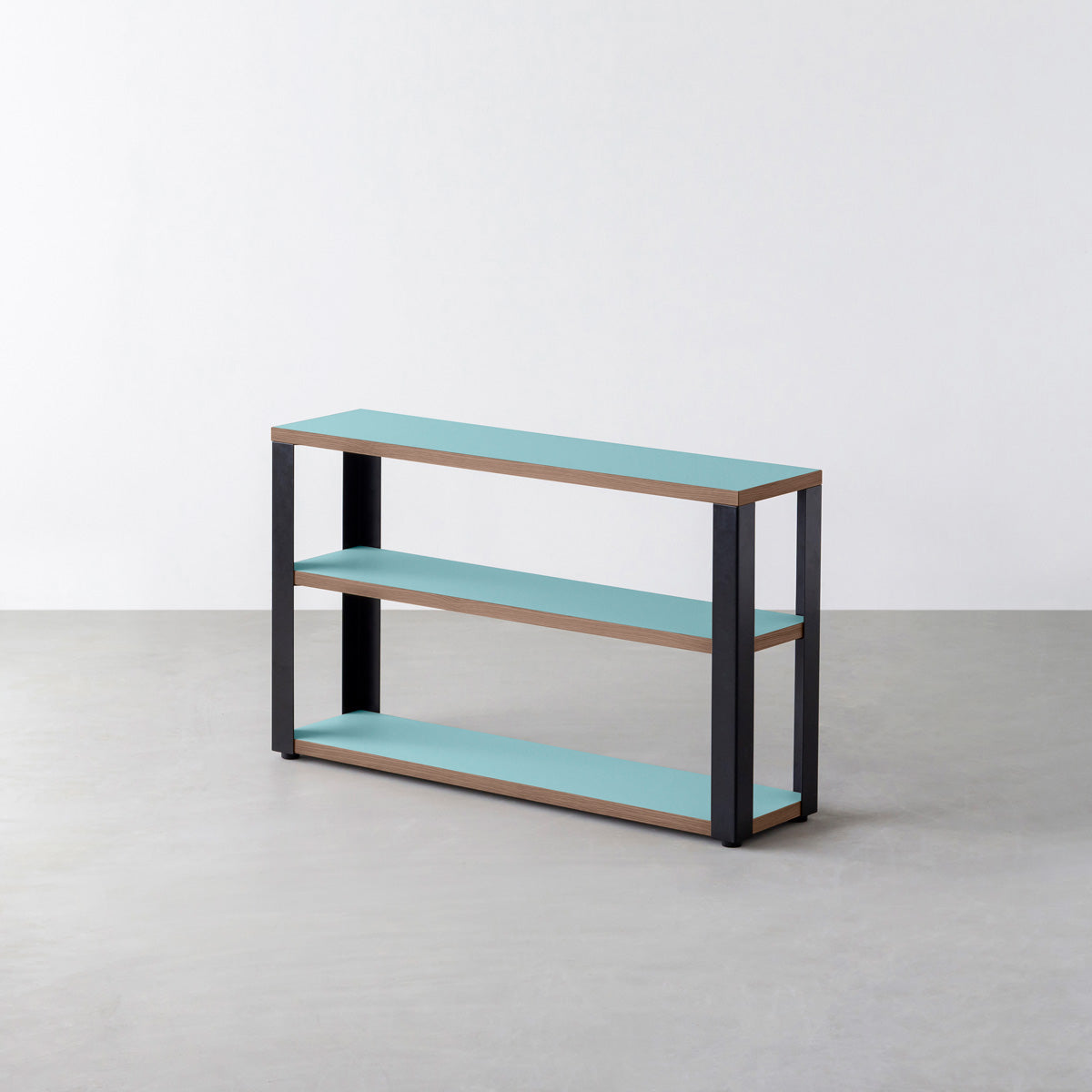 KanademonoのリノリウムAquavert棚板とマットブラック鉄脚のストレージシェルフ幅60~120cm（ウォルナット）