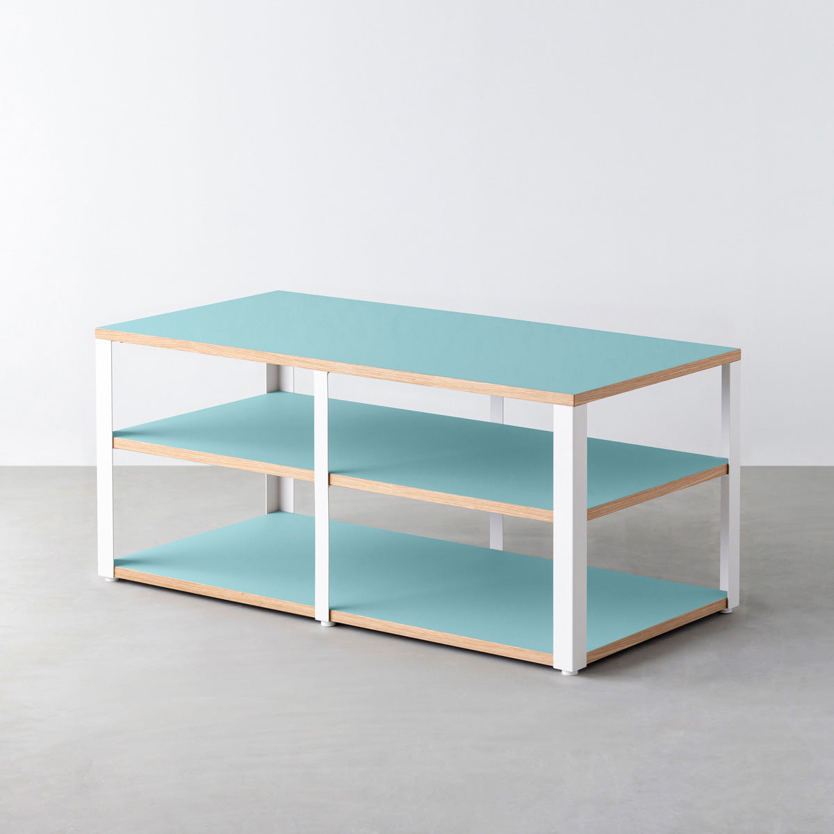 KanademonoのリノリウムAquavert棚板とマットホワイト鉄脚のストレージシェルフ幅121~160cm（奥行41~80cm）