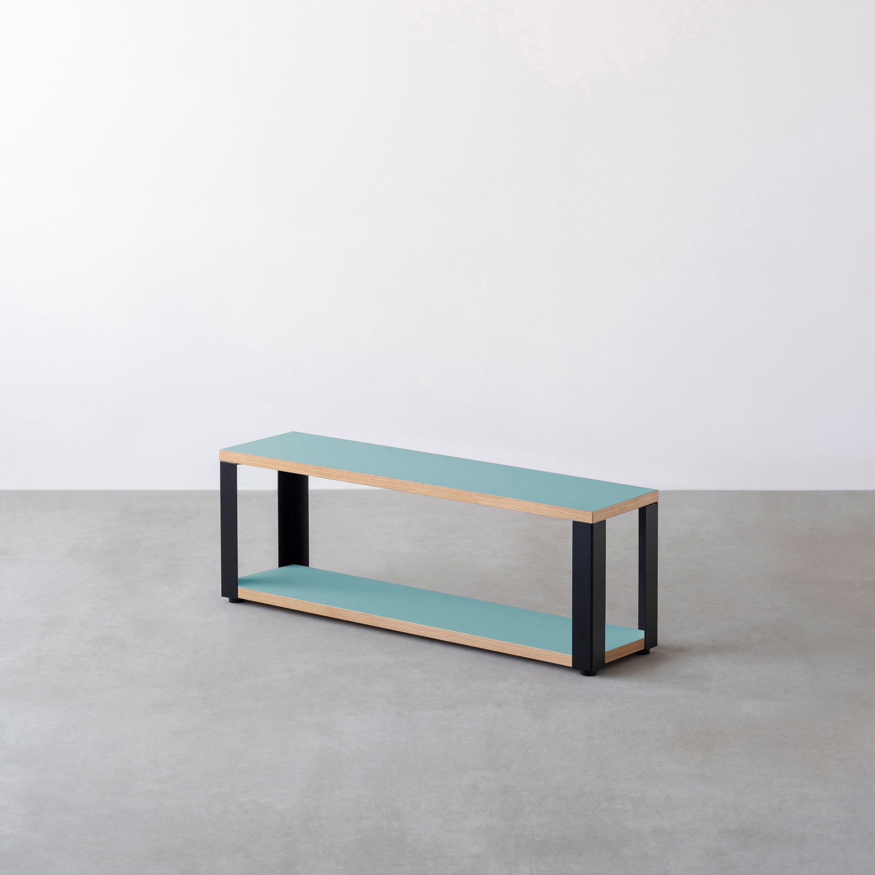 Kanademonoのリノリウム素材の棚板にブラックアイアンフレームを組み合わせた２段ストレージシェルフ /Aquavert