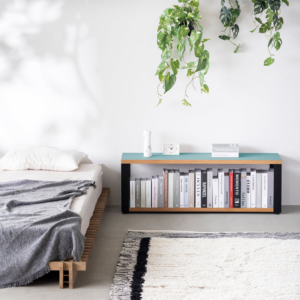 Kanademonoのリノリウム素材の棚板にブラックアイアンフレームを組み合わせた２段ストレージシェルフ /Aquavert（使用例）