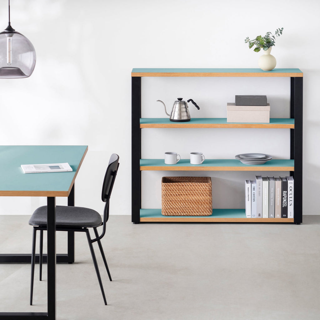 Kanademonoのリノリウム素材の棚板にブラックアイアンフレームを組み合わせた４段ストレージシェルフ /Aquavert（使用例）