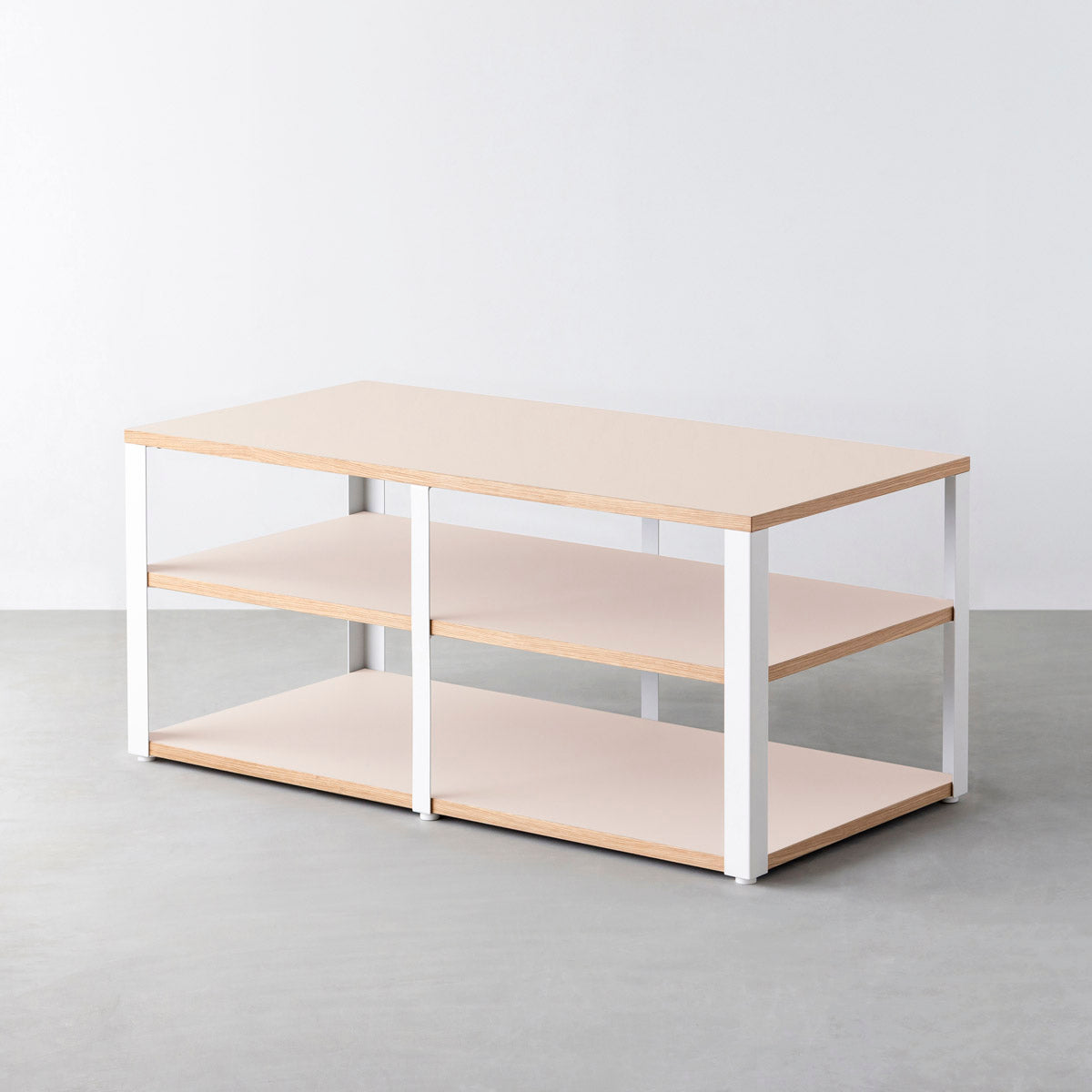 KanademonoのリノリウムPowder棚板とマットホワイト鉄脚のストレージシェルフ幅121~160cm（奥行41~80cm）