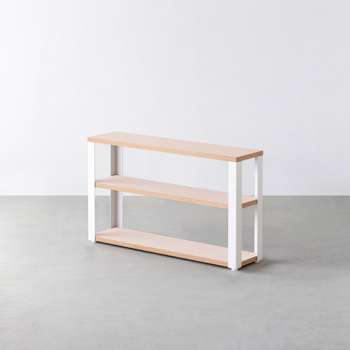 KanademonoのリノリウムPowder棚板とマットホワイト鉄脚のストレージシェルフ幅60~120cm（オーク）