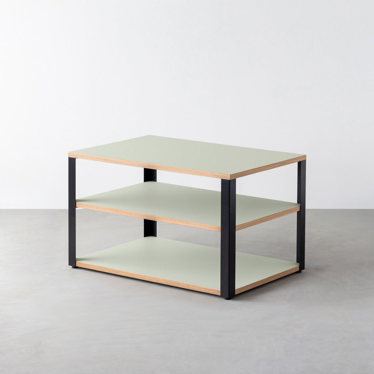 KanademonoのリノリウムPistachio棚板とマットブラック鉄脚のストレージシェルフ幅60~120cm（奥行30~40cm）