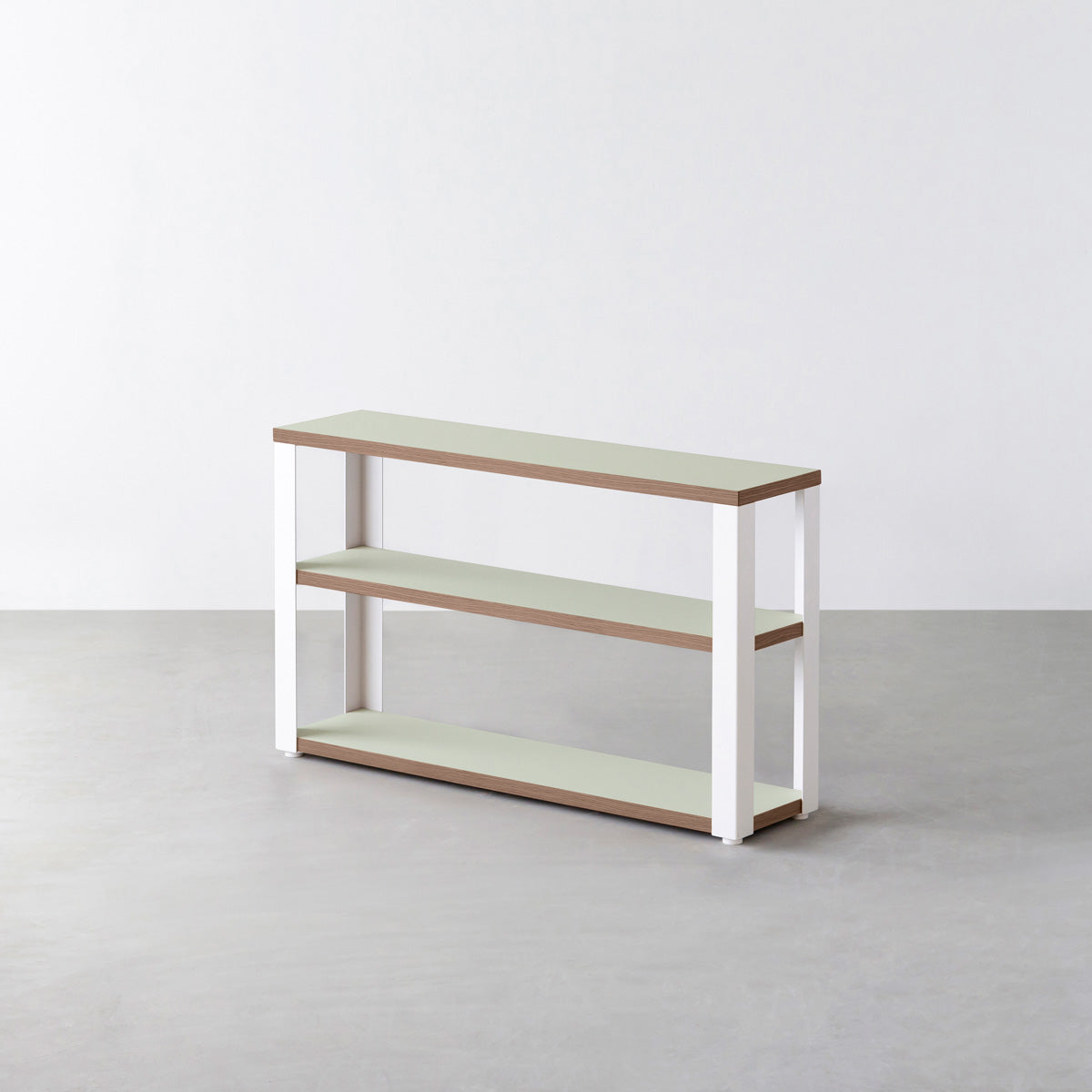 KanademonoのリノリウムPistachio棚板とマットホワイト鉄脚のストレージシェルフ幅60~120cm（ウォルナット）