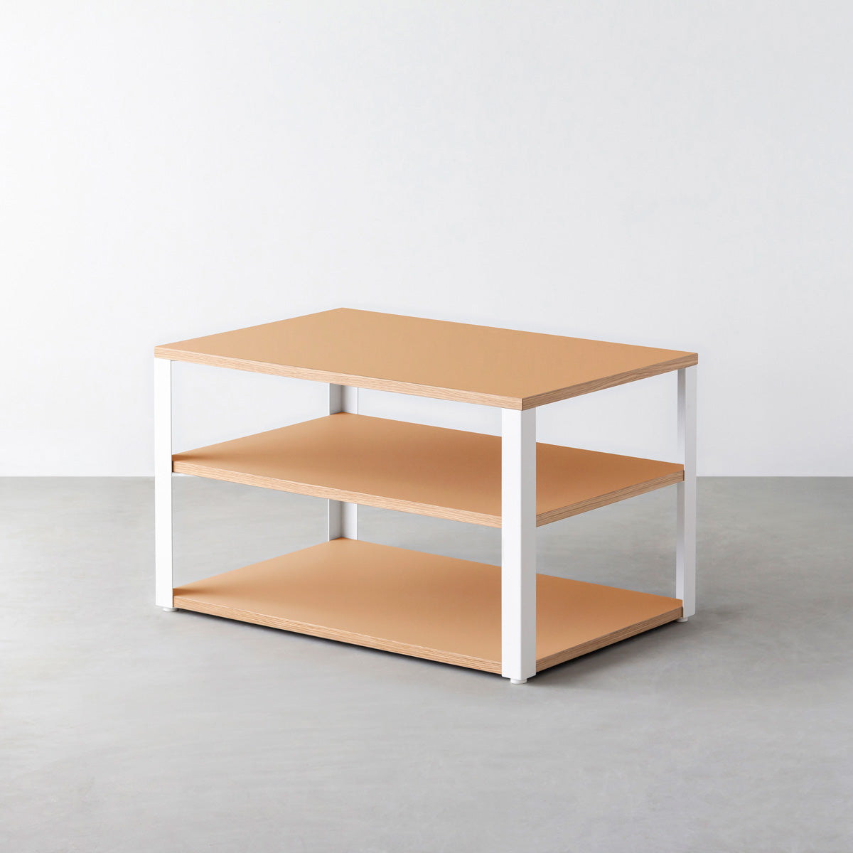 KanademonoのリノリウムClay棚板とマットホワイト鉄脚のストレージシェルフ幅60~120cm（奥行30~40cm）