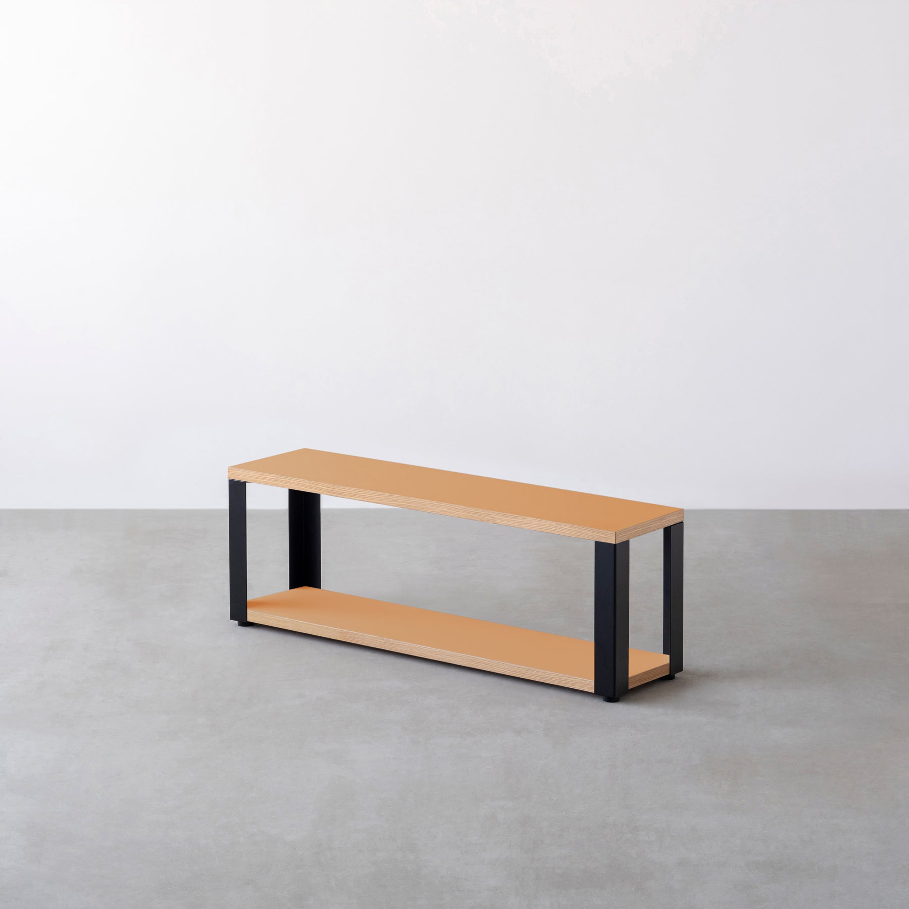 Kanademonoのリノリウム素材の棚板にブラックアイアンフレームを組み合わせた２段ストレージシェルフ /Clay