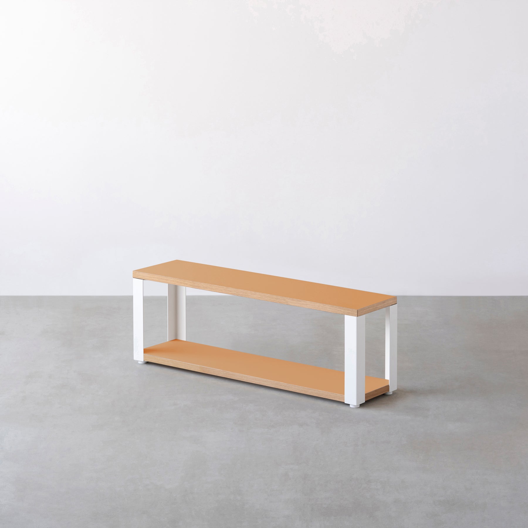 Kanademonoのリノリウム素材の棚板にホワイトのアイアンフレームを組み合わせた２段ストレージシェルフ /Clay