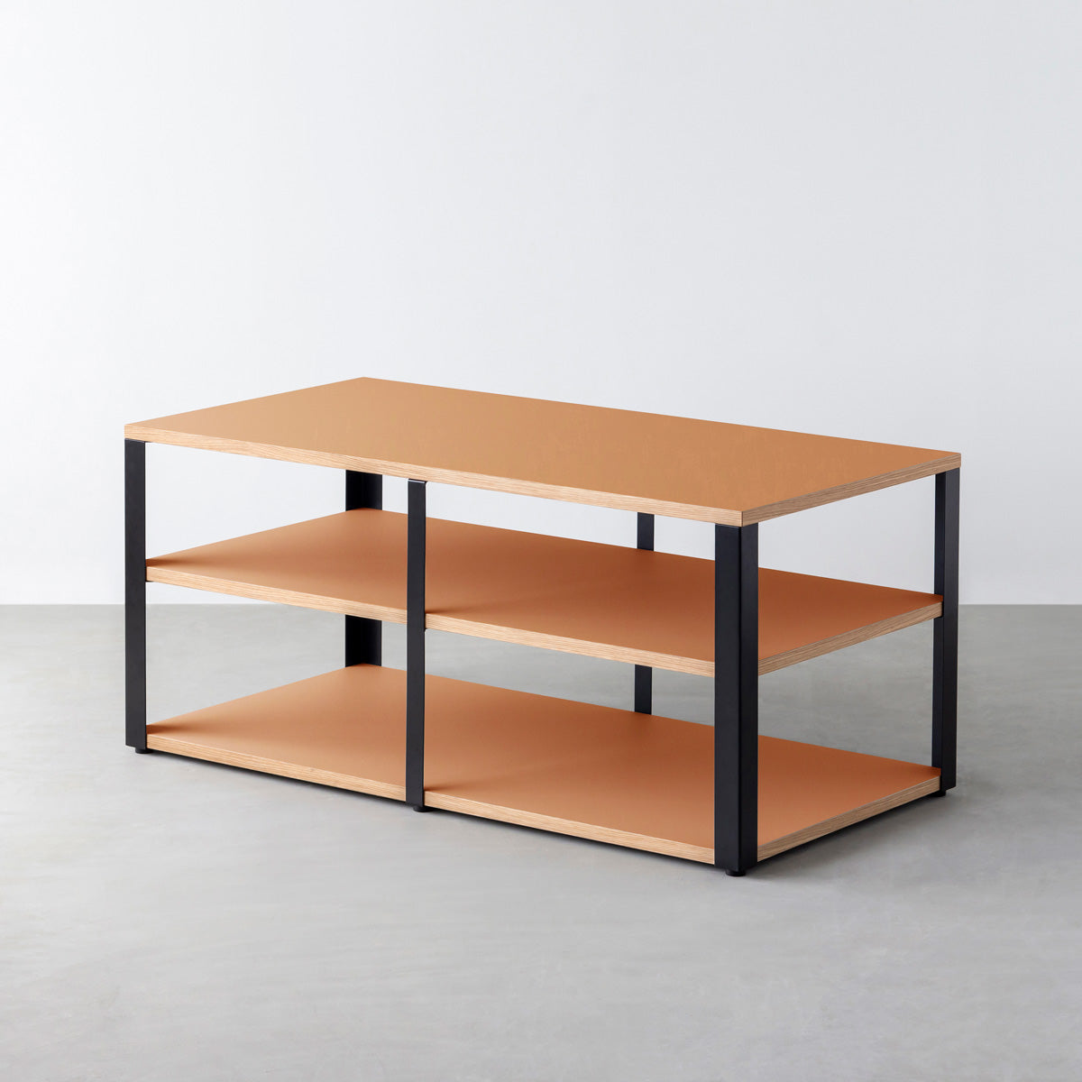 KanademonoのリノリウムLeather棚板とマットブラック鉄脚のストレージシェルフ幅121~160cm（奥行41~80cm）