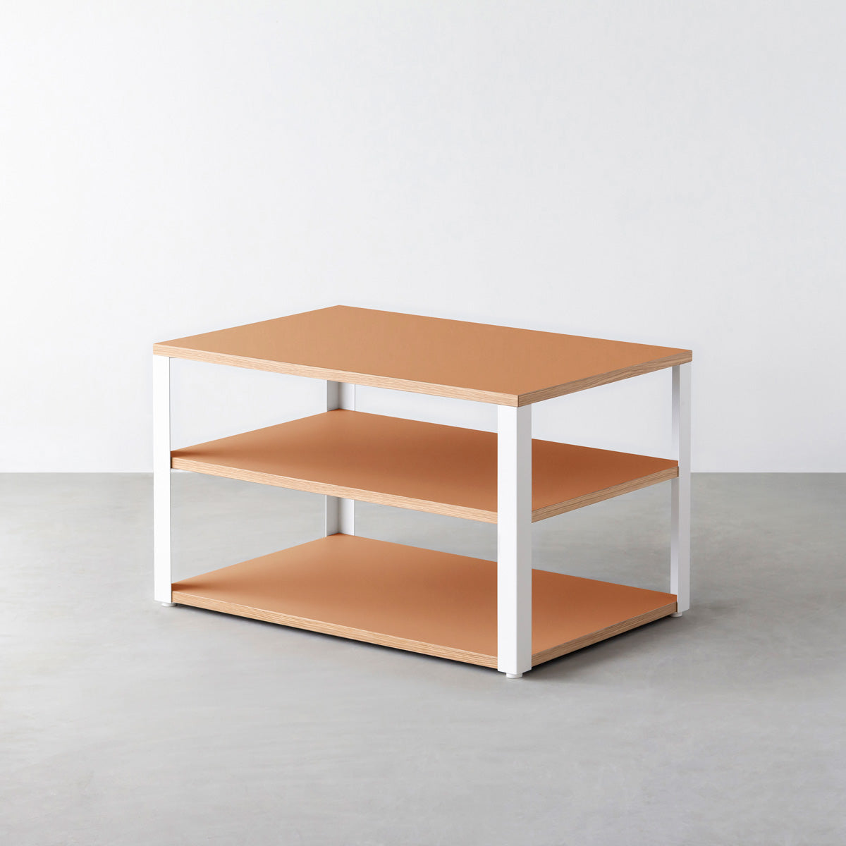 KanademonoのリノリウムLeather棚板とマットホワイト鉄脚のストレージシェルフ幅60~120cm（奥行30~40cm）