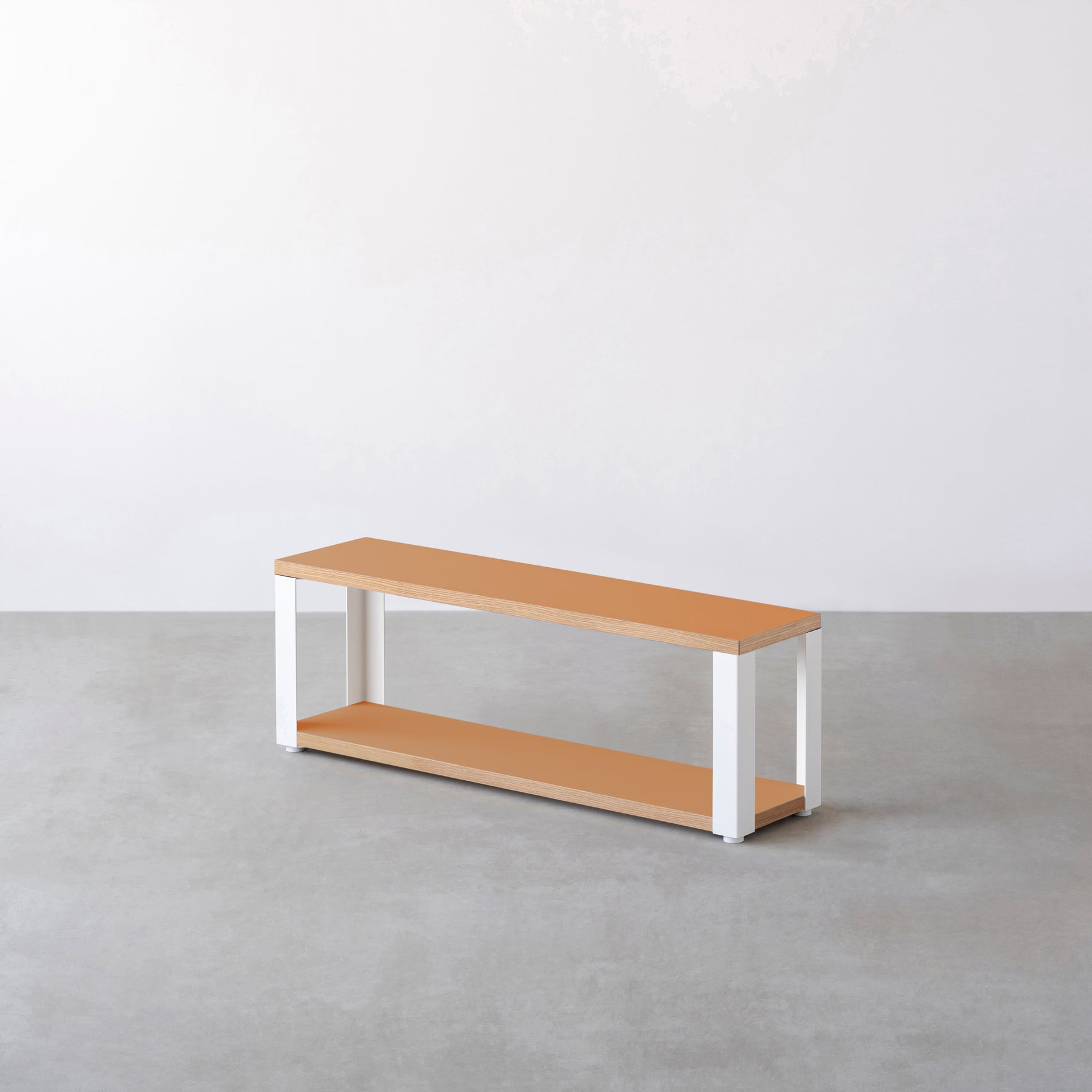 Kanademonoのリノリウム素材の棚板にホワイトのアイアンフレームを組み合わせた２段ストレージシェルフ /Leather