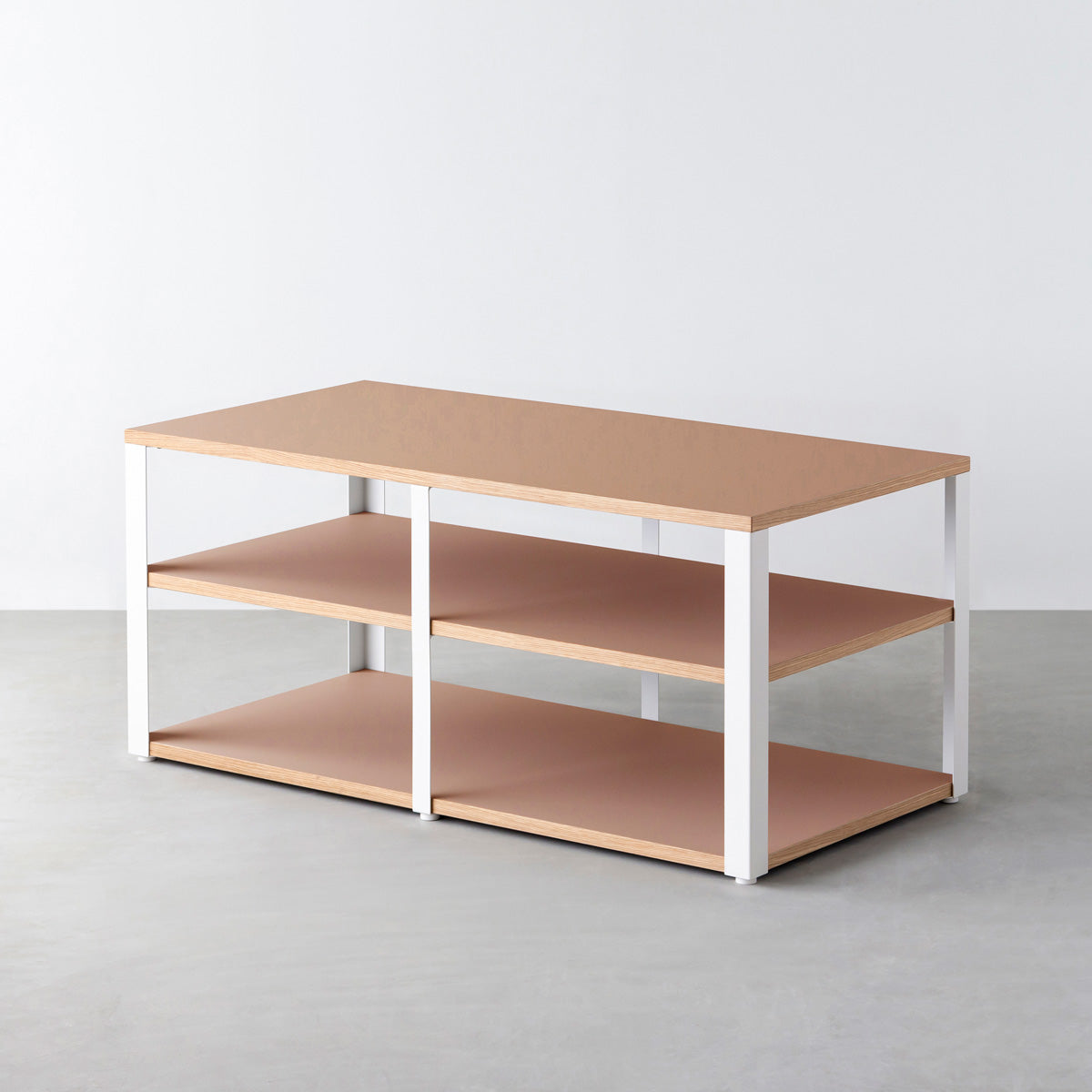 KanademonoのリノリウムWalnut棚板とマットホワイト鉄脚のストレージシェルフ幅121~160cm（奥行41~80cm）