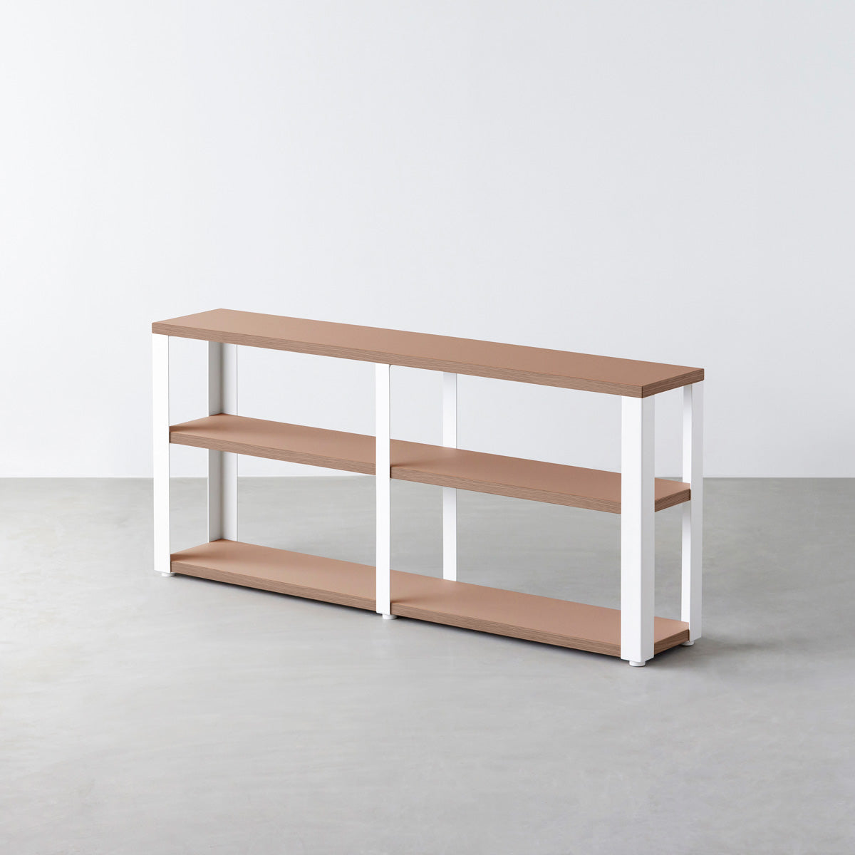 KanademonoのリノリウムWalnut棚板とマットホワイト鉄脚のストレージシェルフ幅121~160cm（ウォルナット）