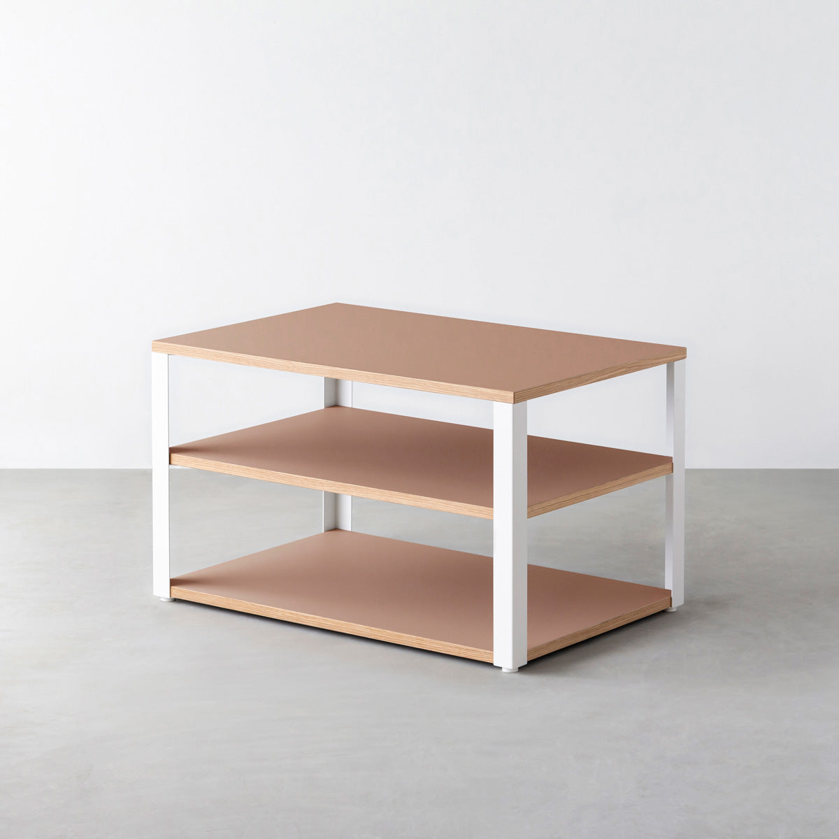 KanademonoのリノリウムWalnut棚板とマットホワイト鉄脚のストレージシェルフ幅60~120cm（奥行30~40cm）