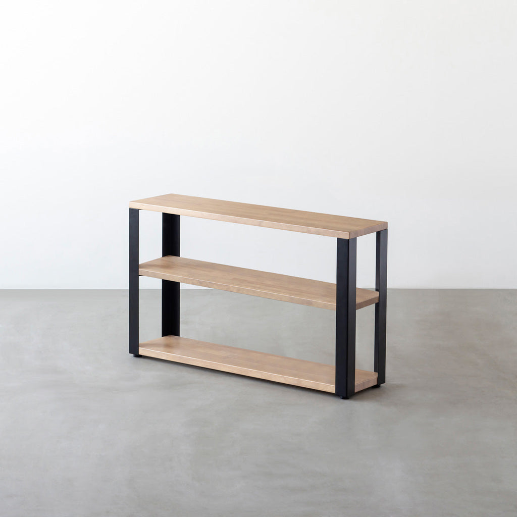KANADEMONOのラバーウッドアッシュグレーの棚板とマットブラックの鉄脚のストレージシェルフS