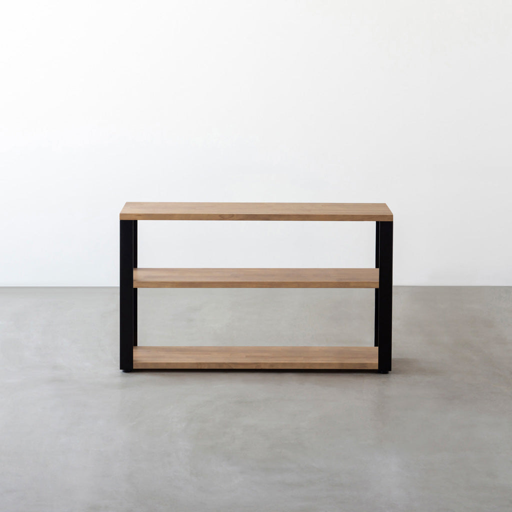 KANADEMONOのラバーウッドアッシュグレーの棚板とマットブラックの鉄脚のストレージシェルフS(正面)