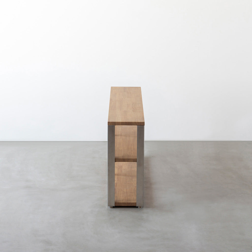 KANADEMONOのラバーウッドアッシュグレーの棚板とステンレス脚のストレージシェルフM(側面)