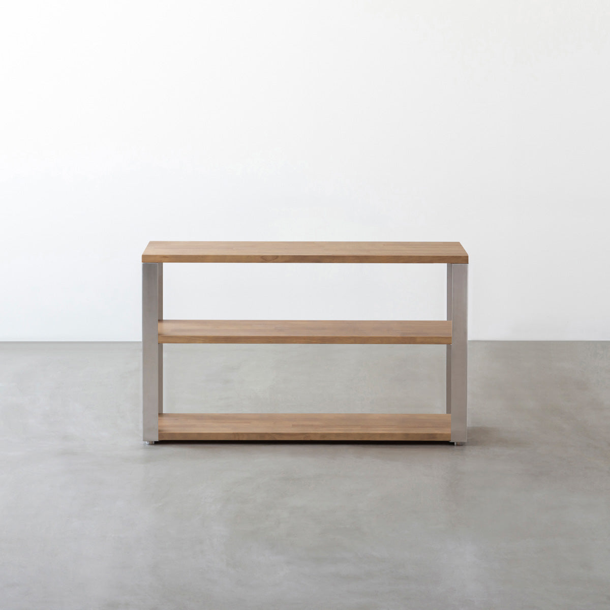 KANADEMONOのラバーウッドアッシュグレーの棚板とステンレス脚のストレージシェルフS(正面)