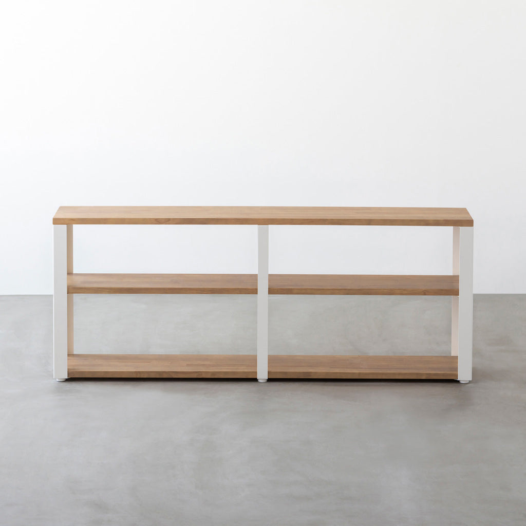 KANADEMONOのラバーウッドアッシュグレーの棚板とホワイトの鉄脚のストレージシェルフM(正面)