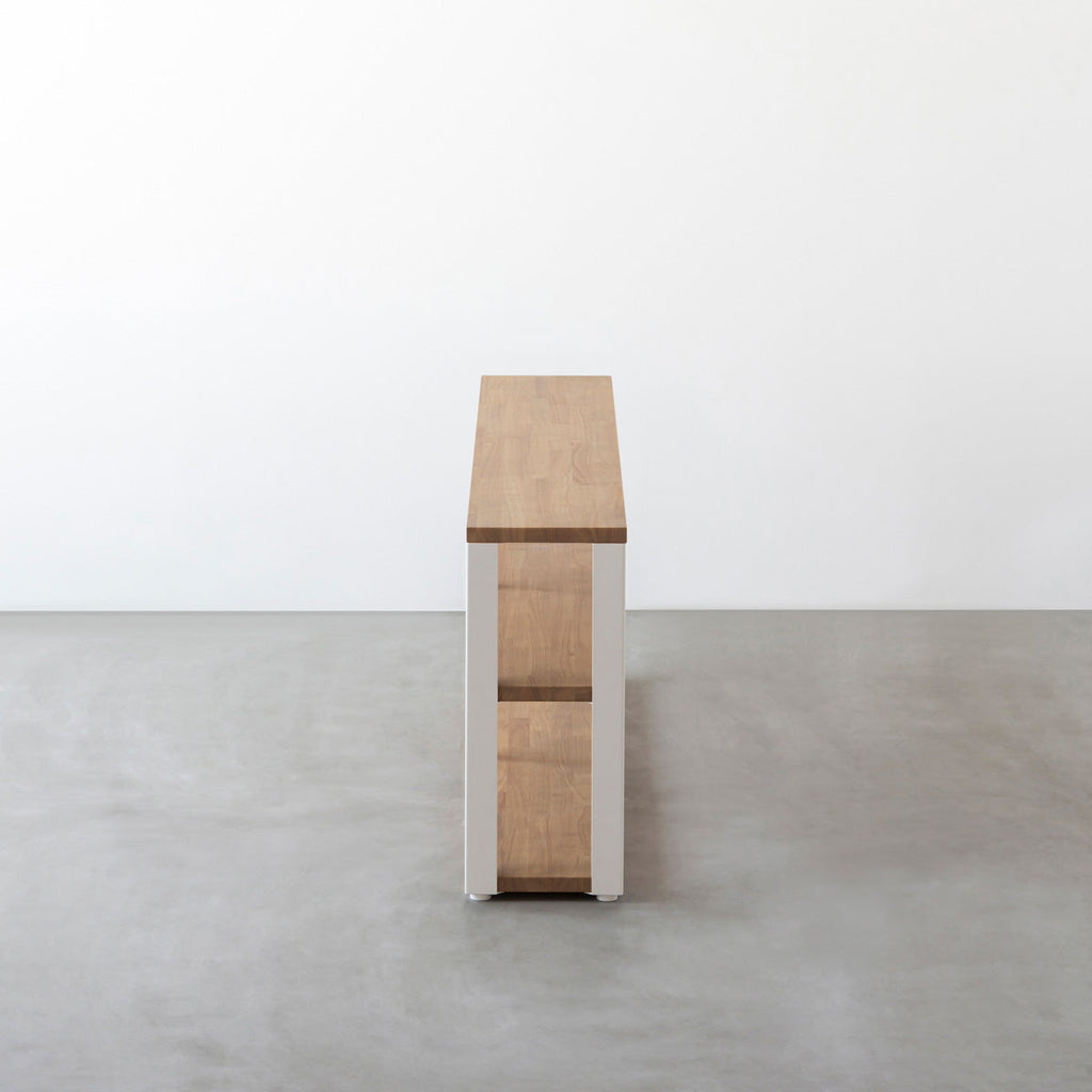 KANADEMONOのラバーウッドアッシュグレーの棚板とホワイトの鉄脚のストレージシェルフM(側面)