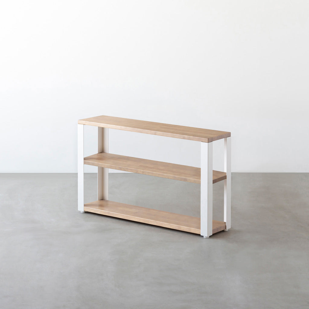 KANADEMONOのラバーウッドアッシュグレーの棚板とホワイトの鉄脚のストレージシェルフS