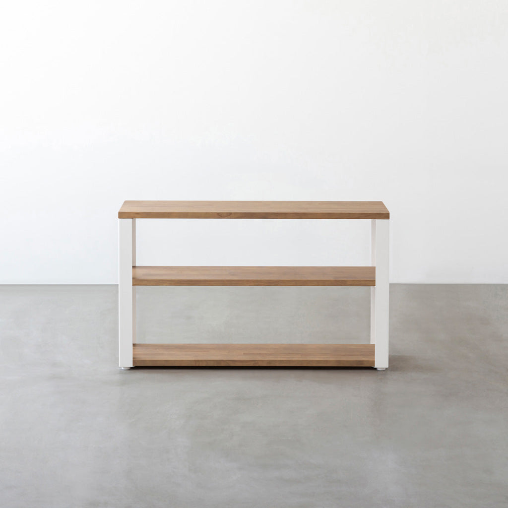 KANADEMONOのラバーウッドアッシュグレーの棚板とホワイトの鉄脚のストレージシェルフS(正面)