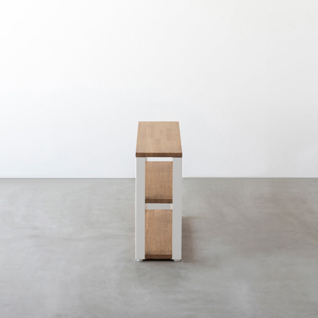 KANADEMONOのラバーウッドアッシュグレーの棚板とホワイトの鉄脚のストレージシェルフS(側面)