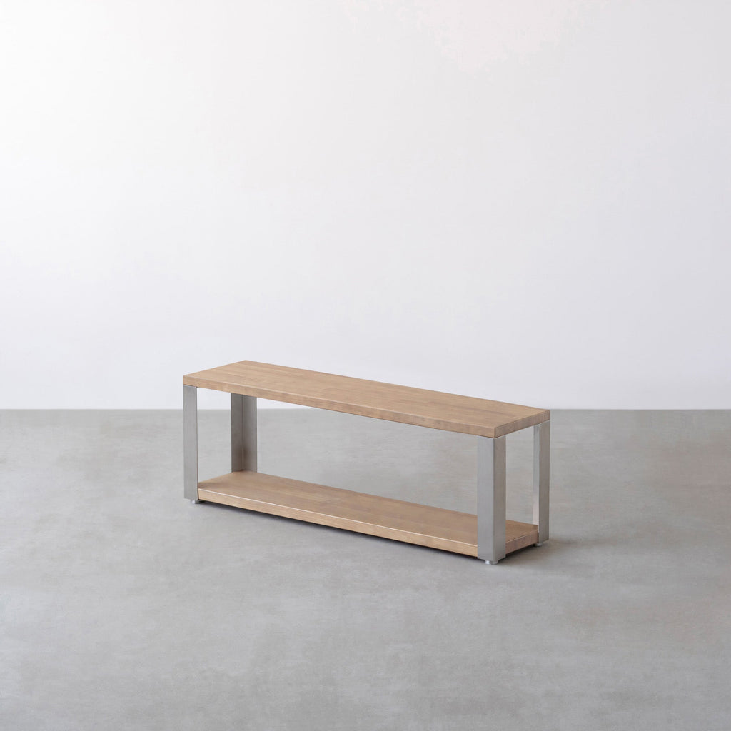 Kanademonoのラバーウッド材アッシュグレーの棚板とステンレスの鉄脚の２段ストレージシェルフS